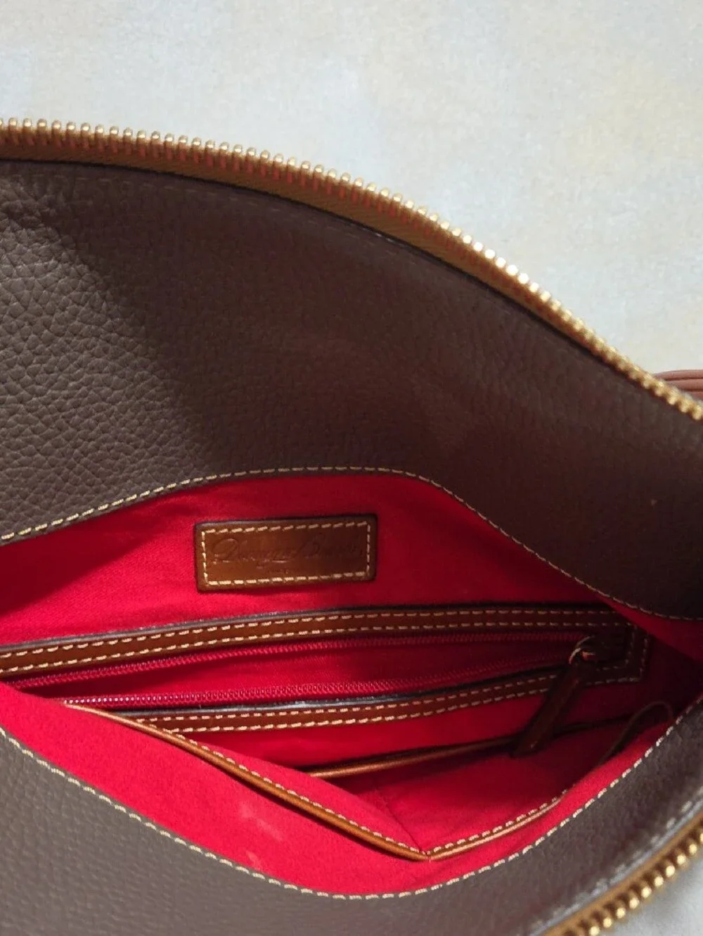 Dooney & Bourke Gray Pebbled Leather Crossbody with Brown Trim